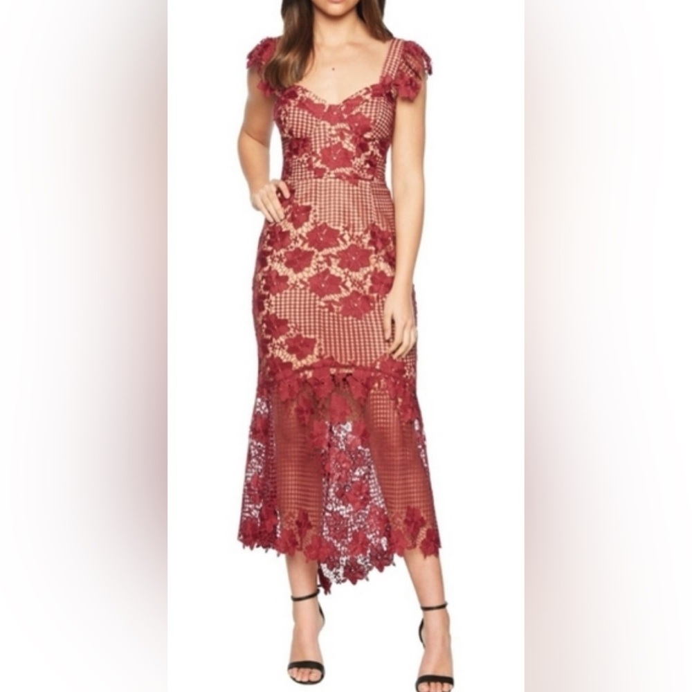 Bardot Red Lace Midi Dress